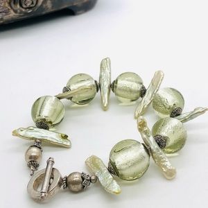 Modern vintage green foil glass bead Biwa pearl bracelet